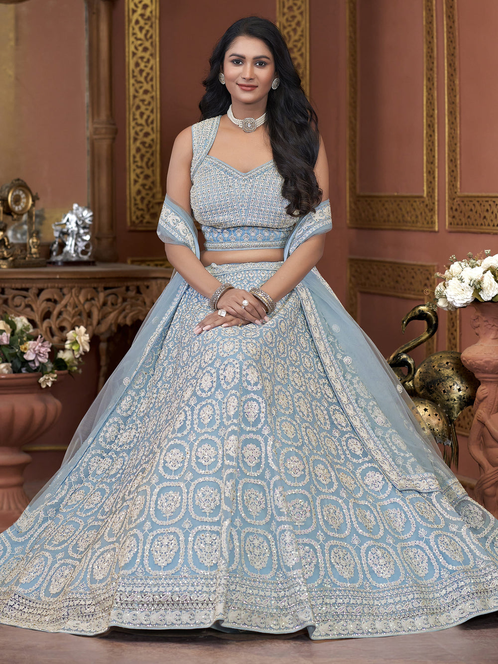 Ravishing Sky-Blue Embroidered Net Designer Lehenga Choli With Dupatta