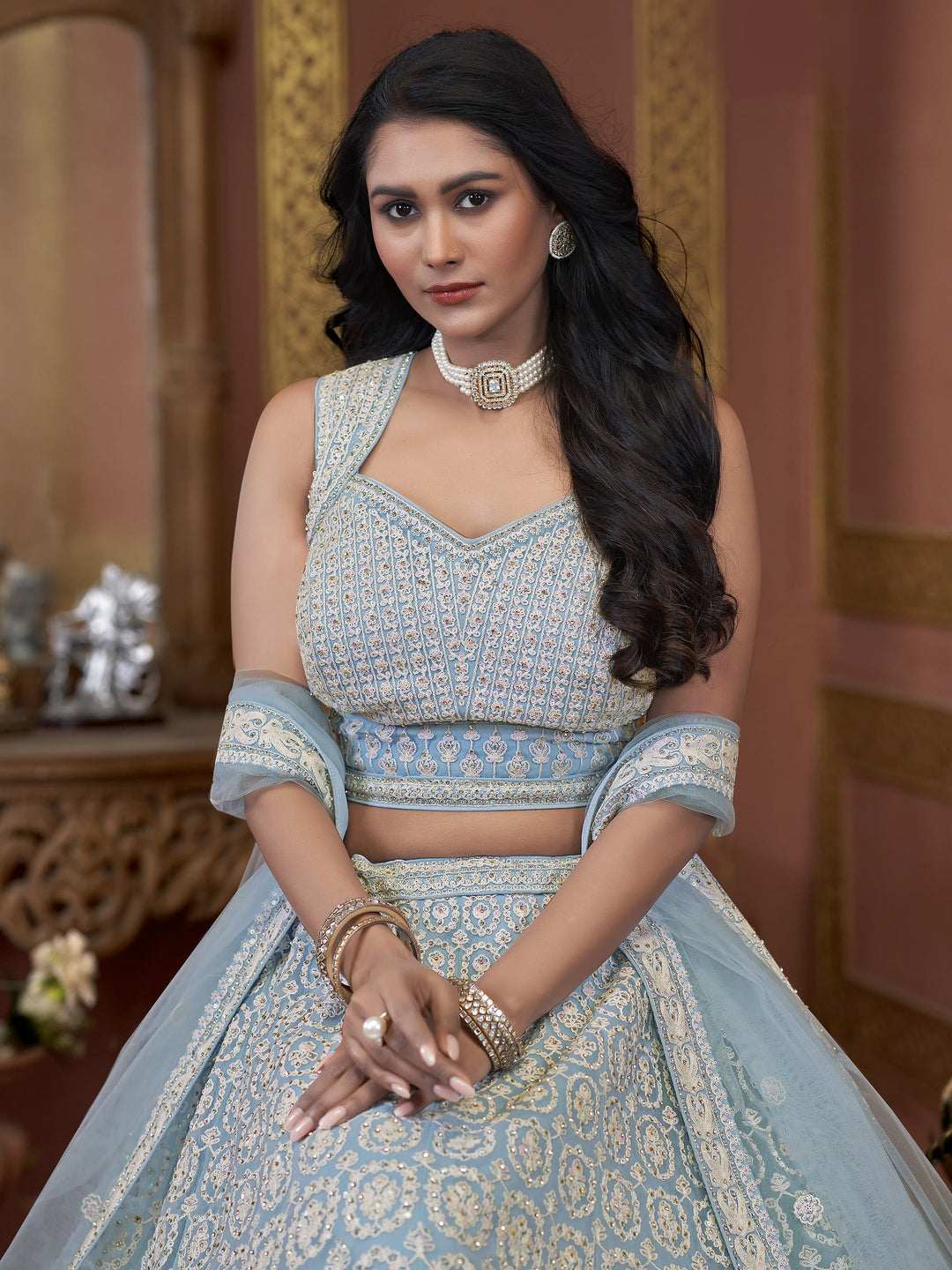 Ravishing Sky-Blue Embroidered Net Designer Lehenga Choli With Dupatta