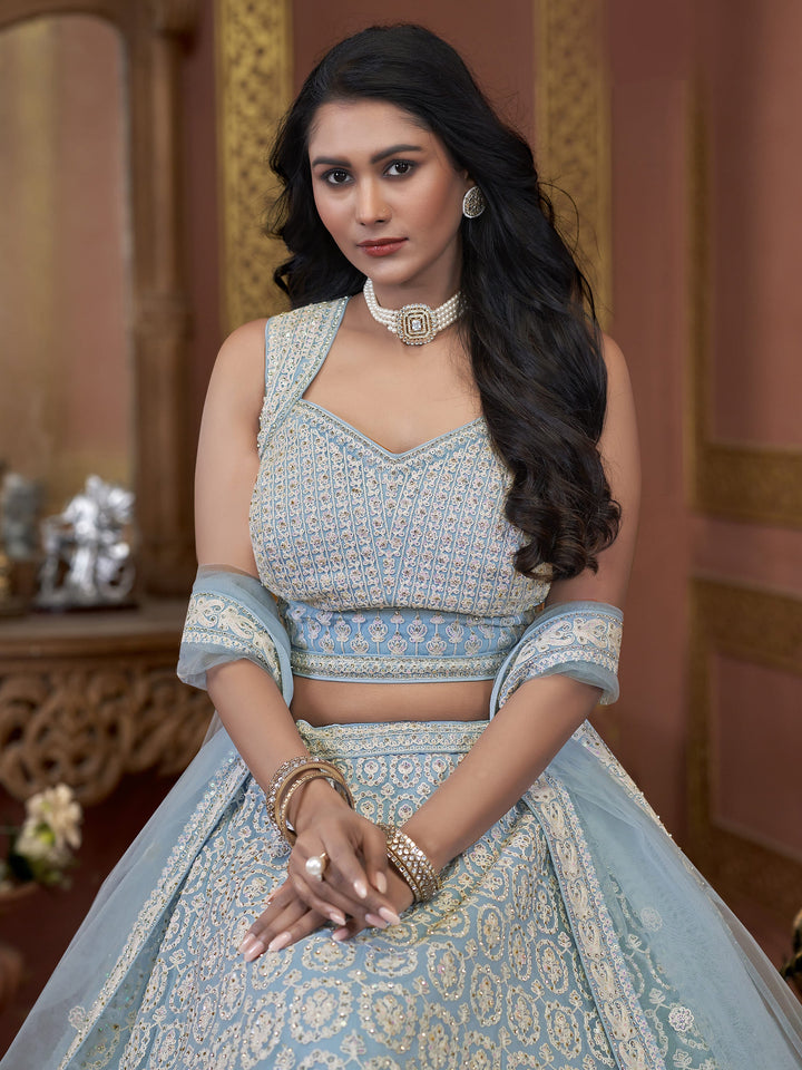 Ravishing Sky-Blue Embroidered Net Designer Lehenga Choli With Dupatta