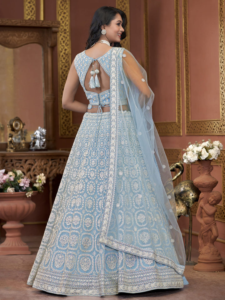 Ravishing Sky-Blue Embroidered Net Designer Lehenga Choli With Dupatta