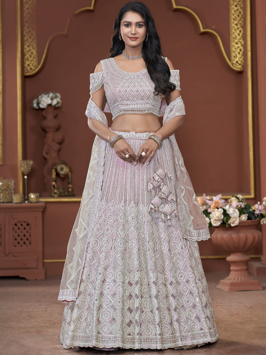 Incredible Pink Jarkan Work Net Engagement Wear Lehenga Choli