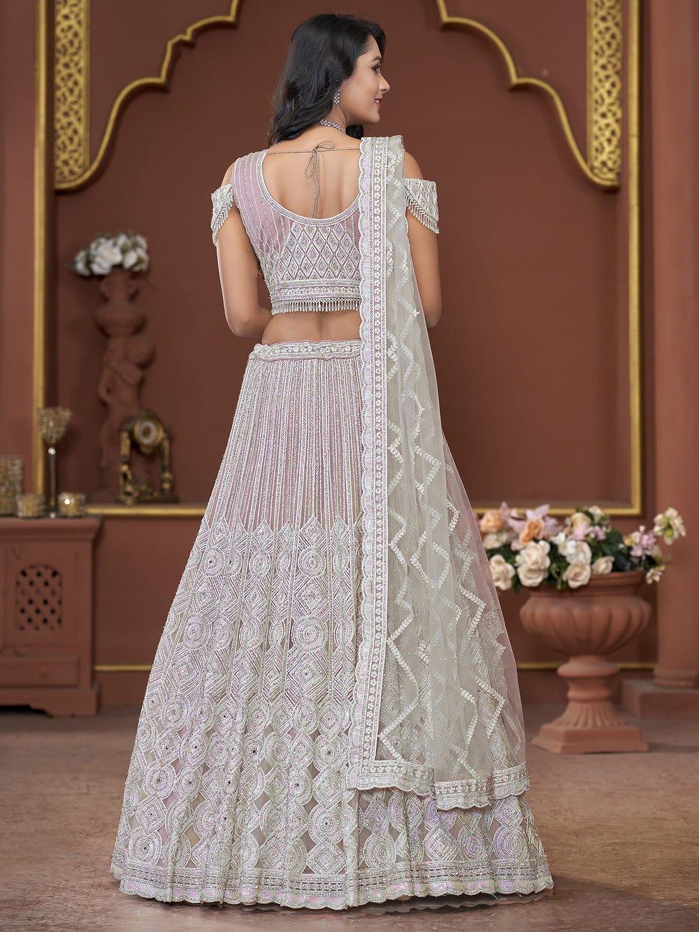 Incredible Pink Jarkan Work Net Engagement Wear Lehenga Choli