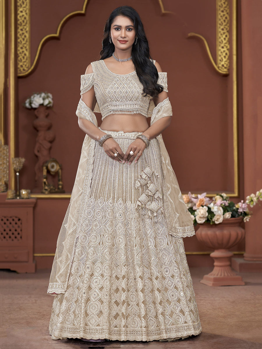 Fabulous Beige Jarkan Work Net Bridesmaid Lehenga Choli With Dupatta