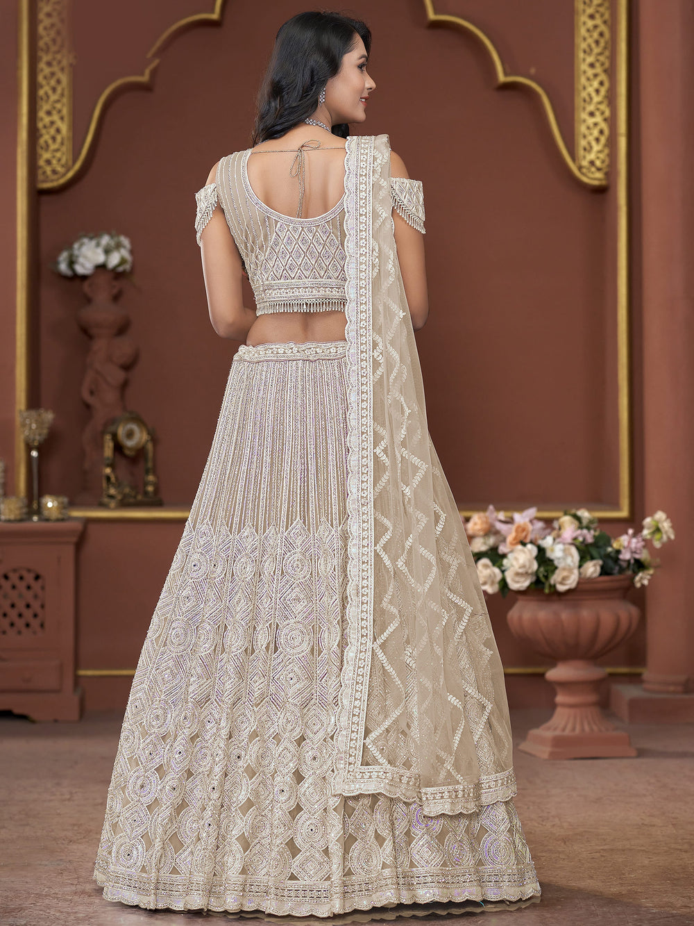 Fabulous Beige Jarkan Work Net Bridesmaid Lehenga Choli With Dupatta