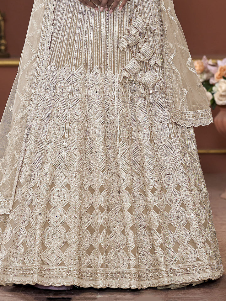 Fabulous Beige Jarkan Work Net Bridesmaid Lehenga Choli With Dupatta