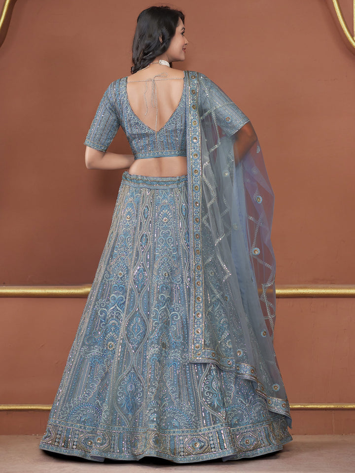 Awesome Sky-Blue Jarkan Work | Net Engagement Wear Lehenga Choli Edition