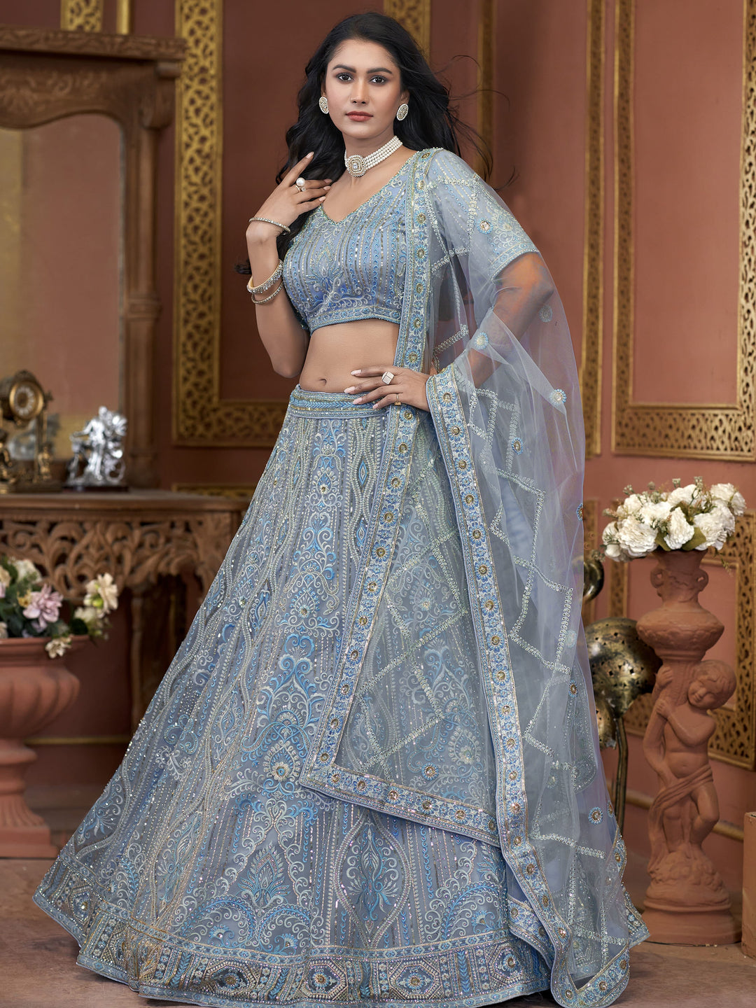 Awesome Sky-Blue Jarkan Work Net Engagement Wear Lehenga Choli
