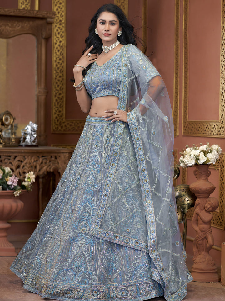 Awesome Sky-Blue Jarkan Work Net Engagement Wear Lehenga Choli