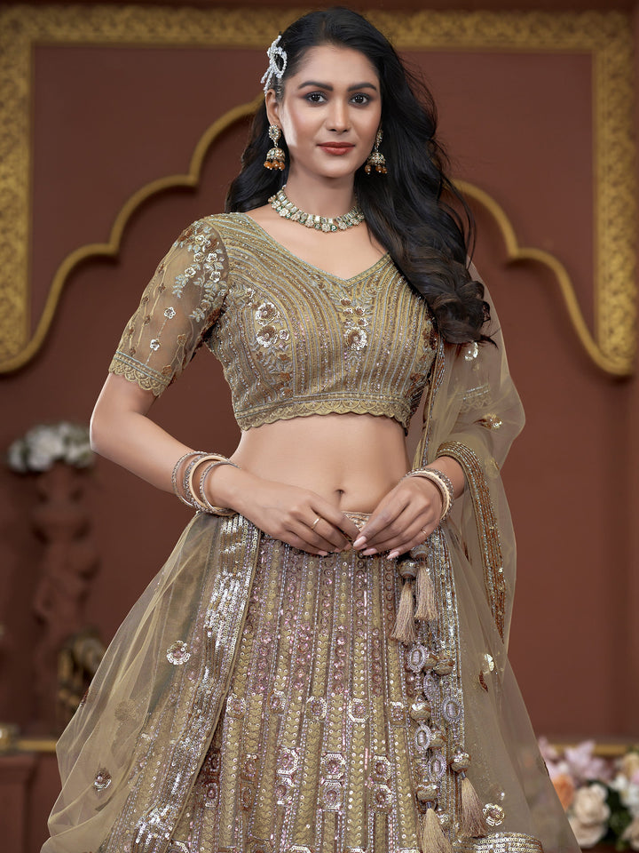 Amazing Golden Jarkan Work Net Wedding Lehenga Choli With Dupatta