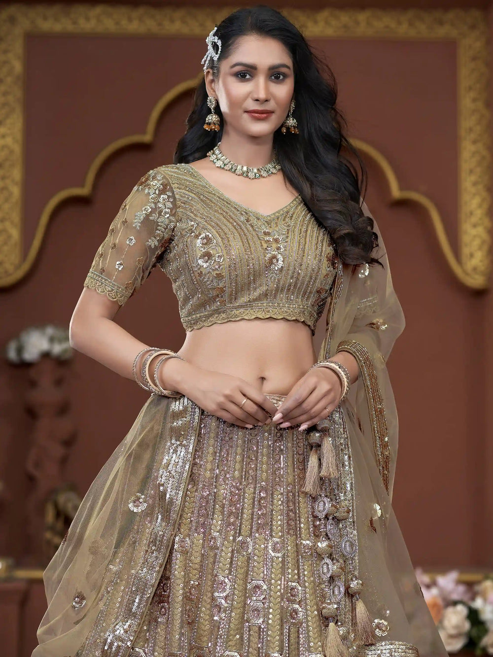 Amazing Golden Jarkan Work Net Wedding Lehenga Choli With Dupatta
