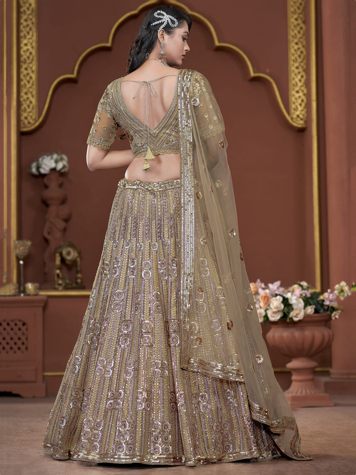 Amazing Golden Jarkan Work Net | Wedding Lehenga Choli With Dupatta Trendy