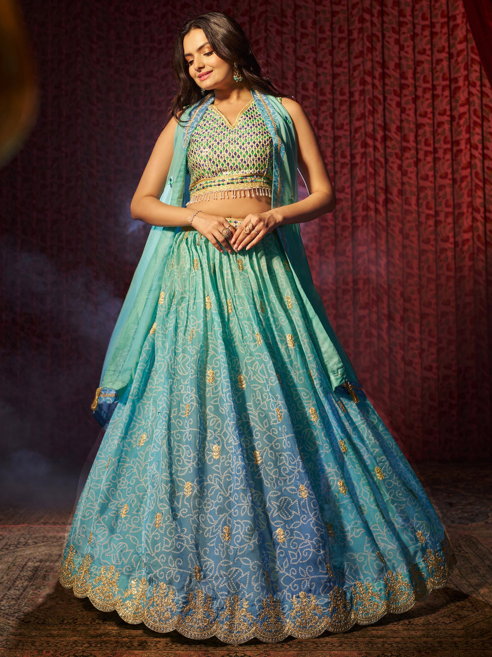 Adorable Blue Printed Organza Sangeet Wear Lehenga Choli With Dupatta