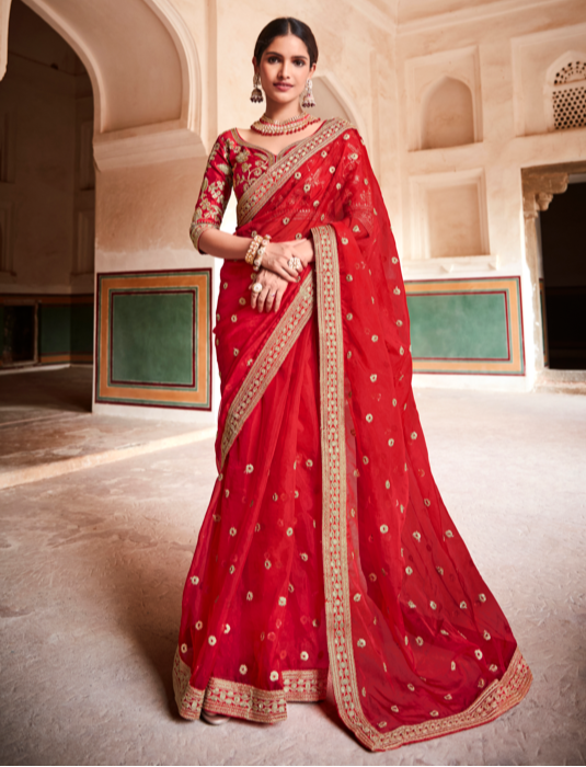 Elegant Organza Saree with Sequins, Jari, Dori & Embroidery | Wedding, Festive, Traditional
