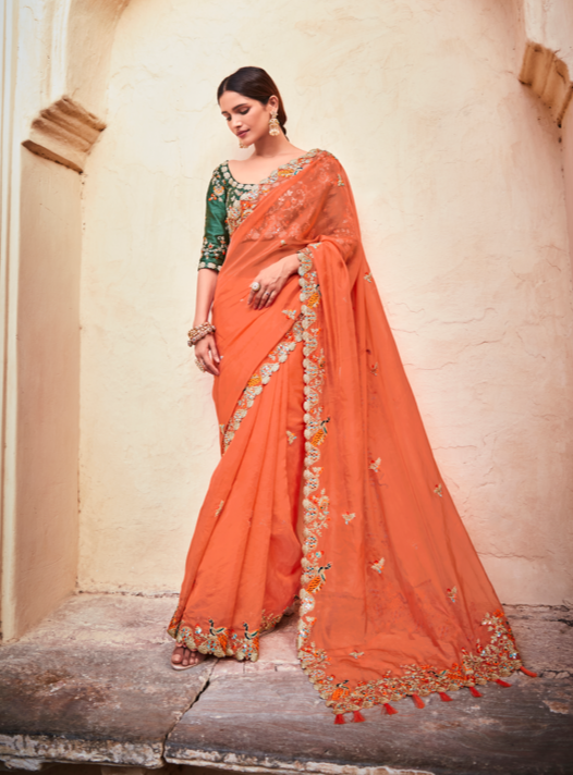 Elegant Organza Saree with Thread & Mirror Work | Art-Silk Blouse for Weddings