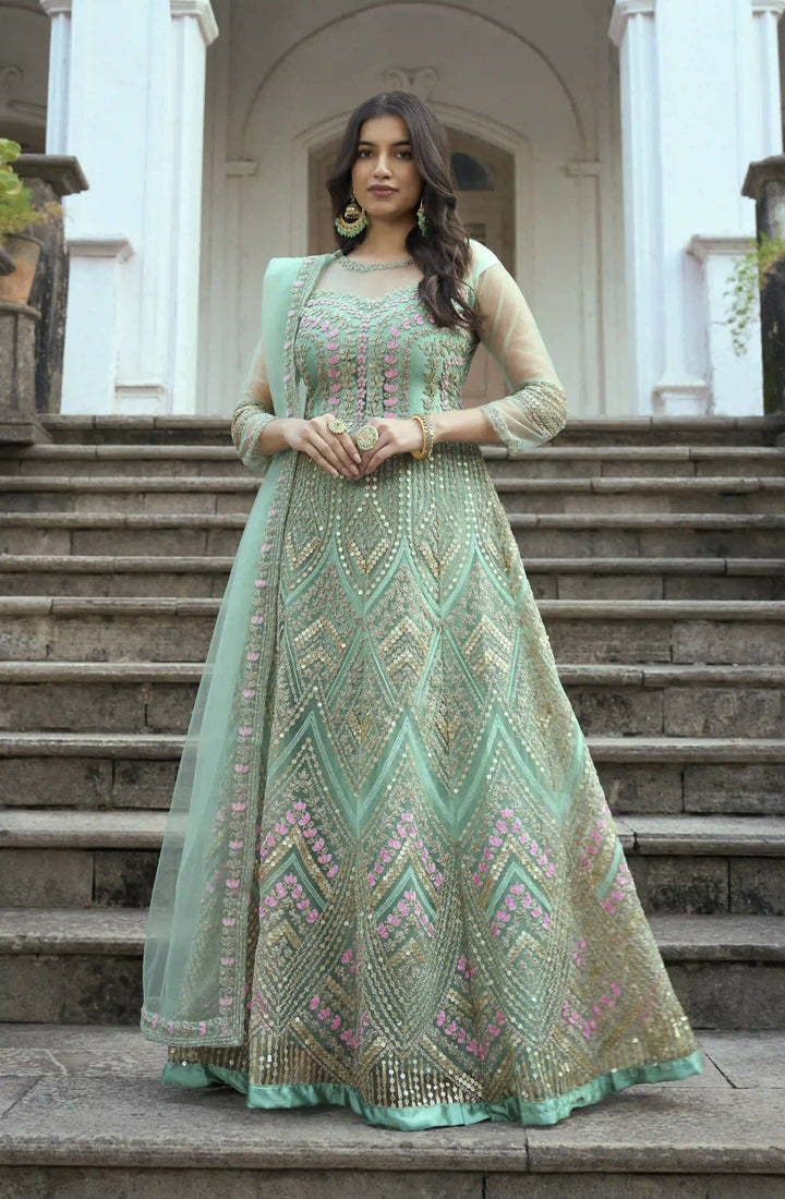 Elegant Sea Green Anarkali | Designer Multi-Thread & Sequins Embroidery