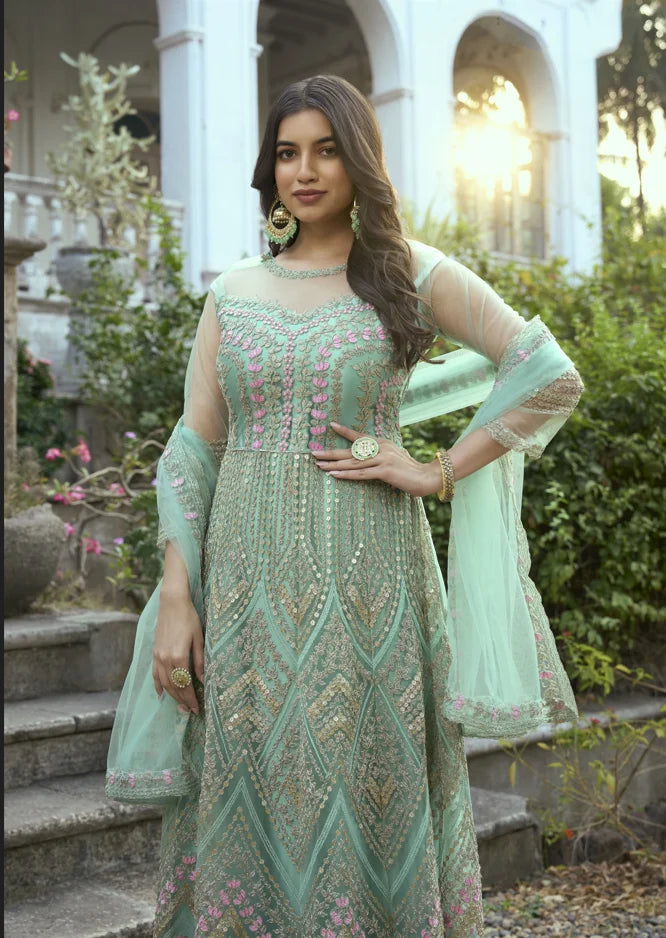 Elegant Sea Green Anarkali | Designer Multi-Thread & Sequins Embroidery
