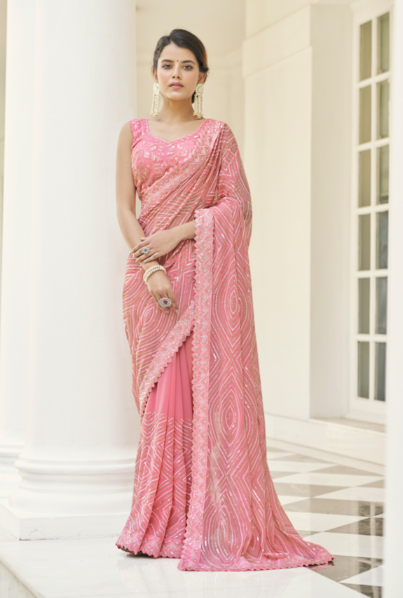 Baby Pink Georgette Saree with Matching Blouse | Exclusive Designer Masterpiece