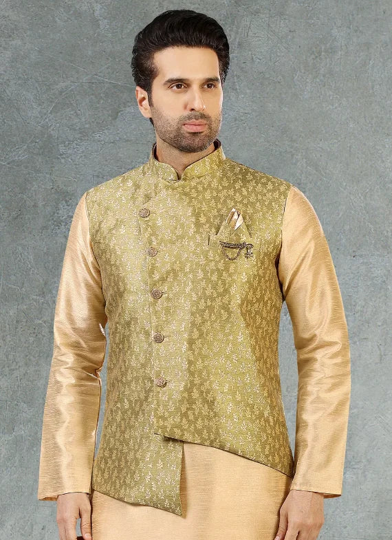 Olive Green Banarasi Silk Kurta Pajama | Fancy Jacket Wedding & Festive Wear