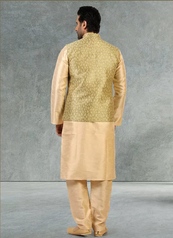 Olive Green Banarasi Silk Kurta Pajama | Fancy Jacket Wedding & Festive Wear