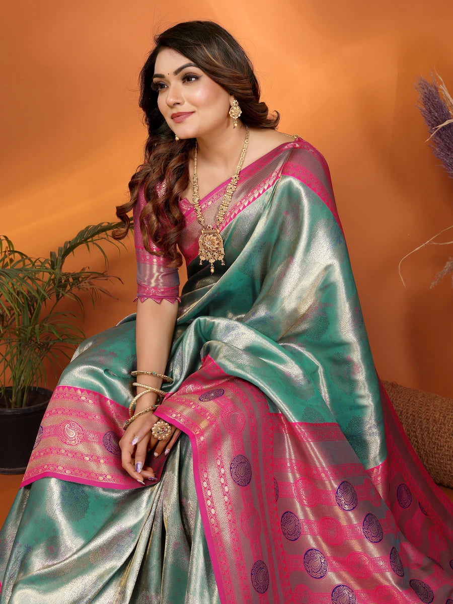 Sea Green Banarasi Tissue Silk Saree with Paithani Design