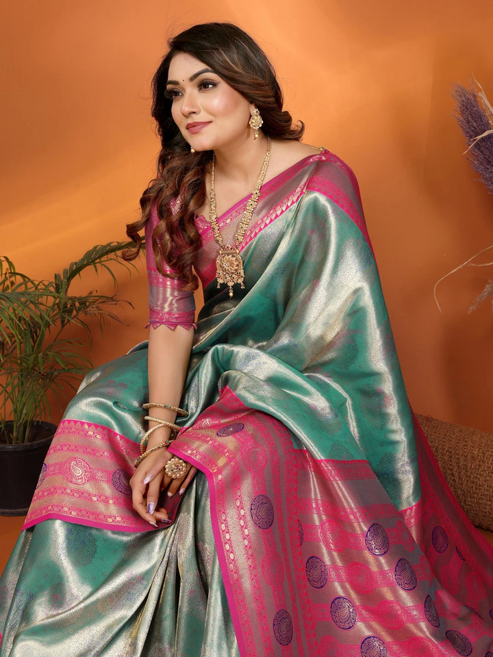 Sea Green Banarasi Tissue Silk Saree with Paithani Design