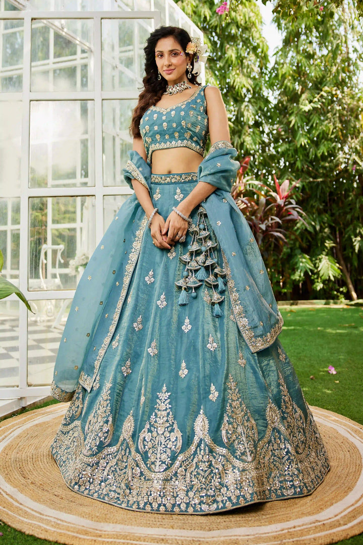Sea blue organza lehenga with sequins