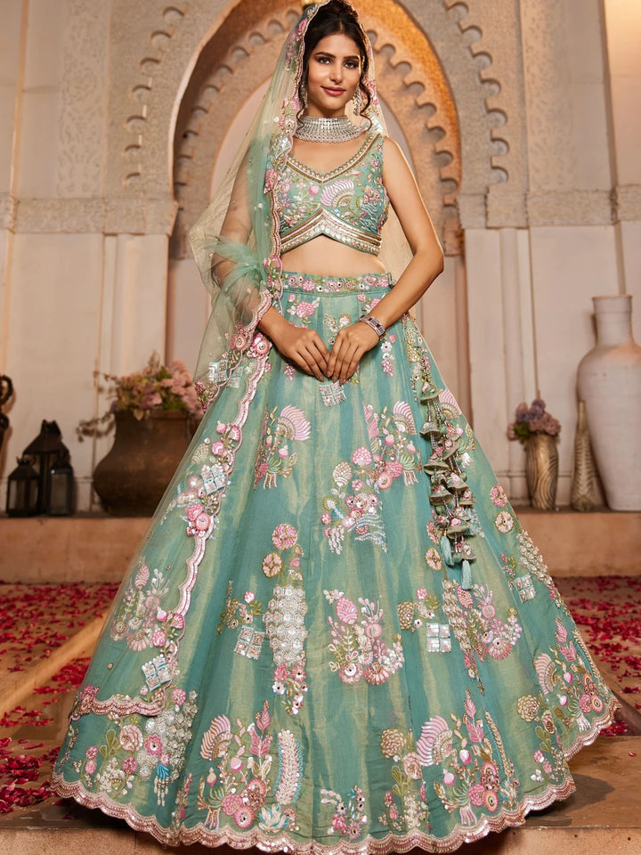 Sea green net lehenga with beads