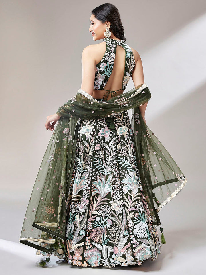 Sequinned olive green lehenga choli