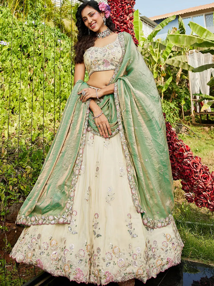 Sequinned pista green festive lehenga