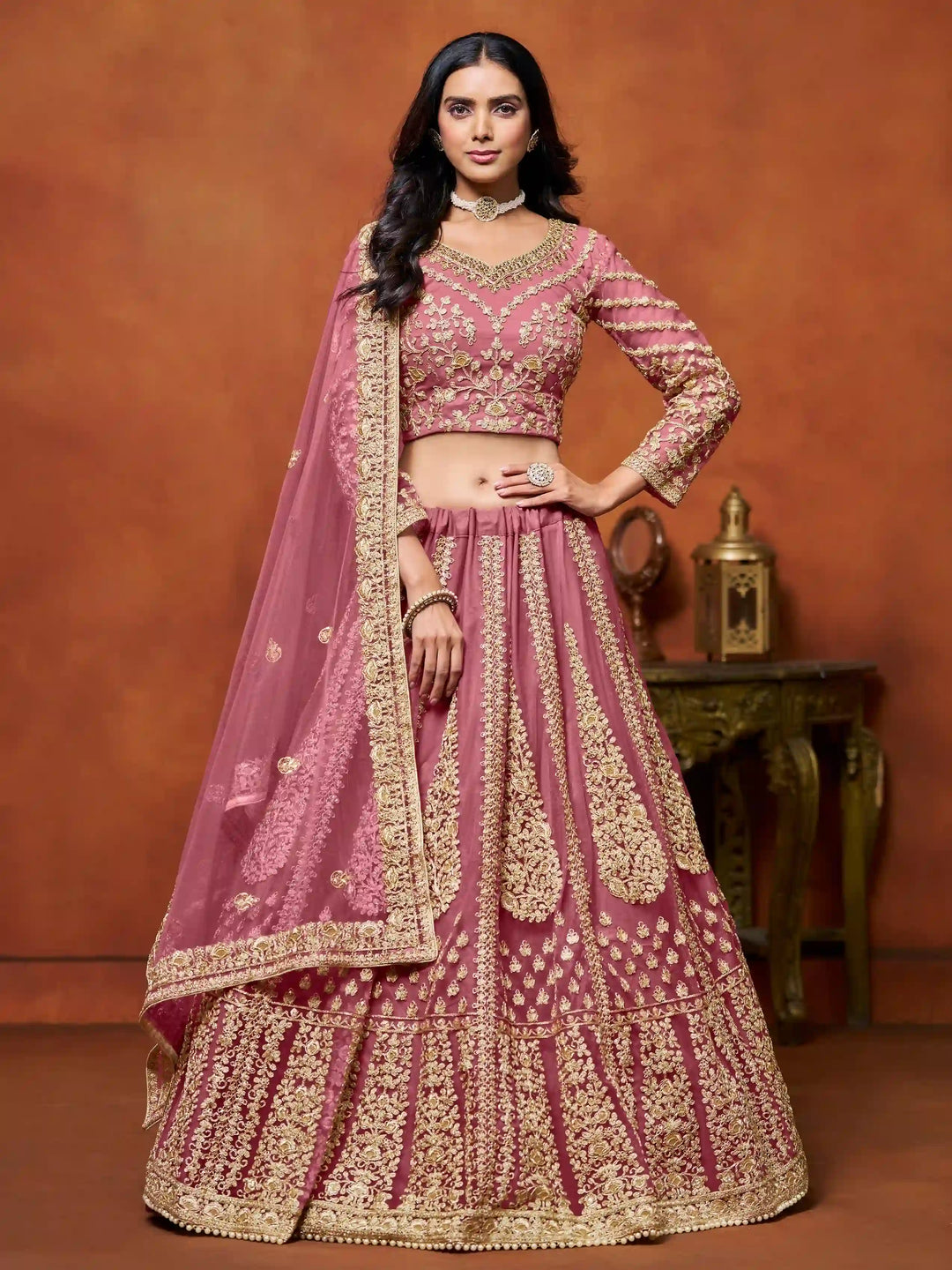 Shop Based Pink Net Lehenga with Dupatta | SilverBin

