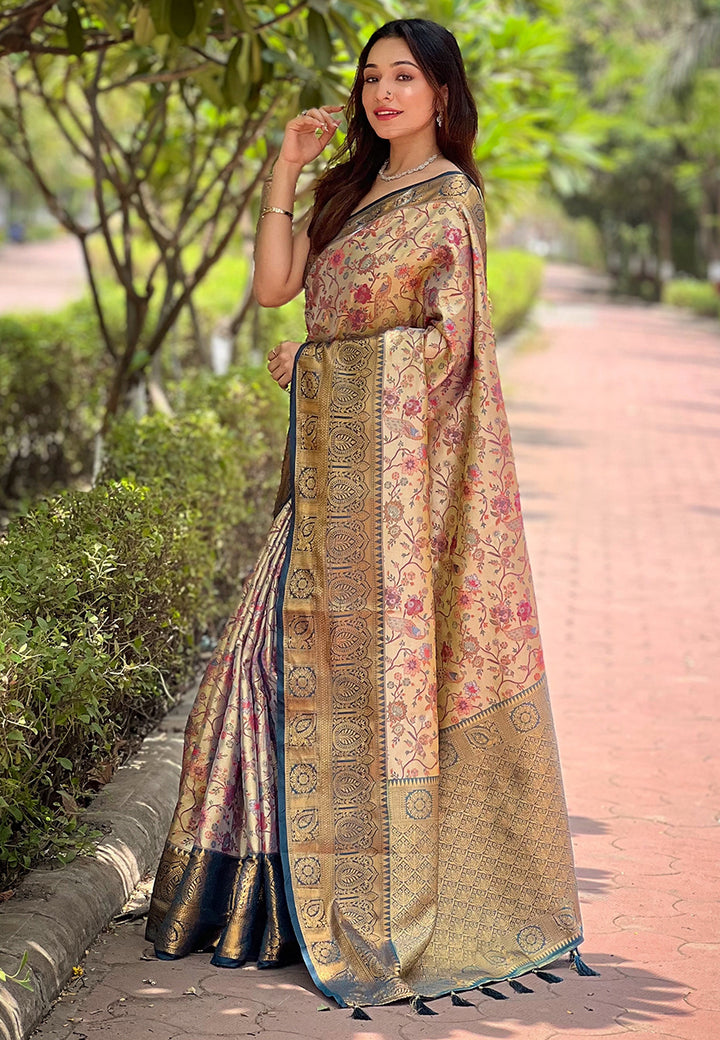 Shop Beige Beautiful Woven Silk Saree – Ideal Wedding & Party Wear
