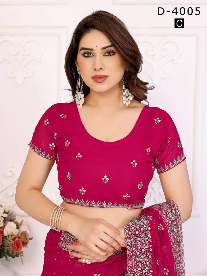 Shop Bright Pink Georgette Saree with Zari & Stone Detailing | Silverbin
