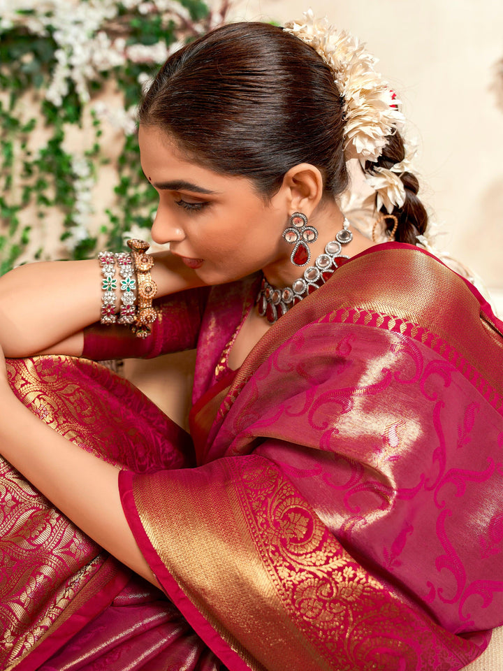 Shop Bright Pink Zari Weaving Silk Saree with Blouse