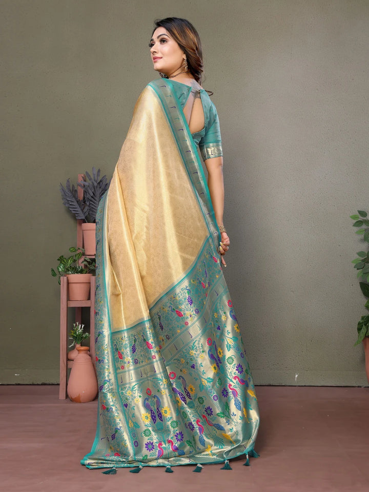 Shop Cream Luxurious Banarasi Tissue Silk Saree with Paithani Designer Work Blouse
