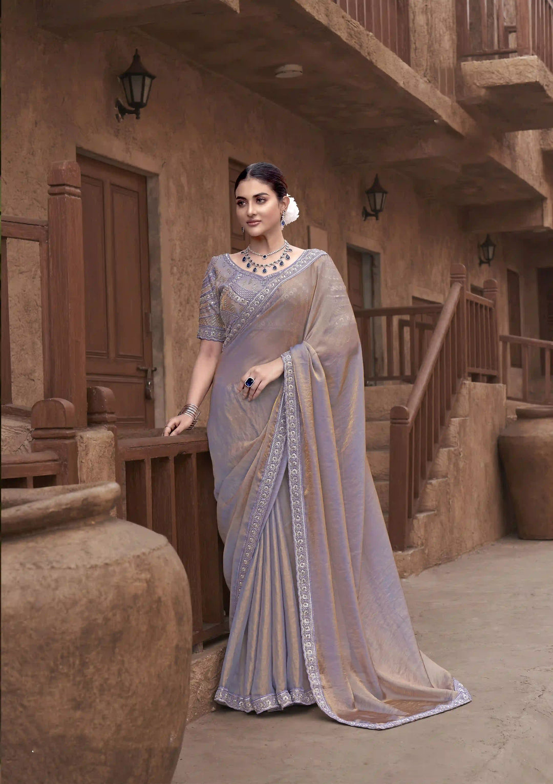 Buy Designer Light Purple Satin Silk Saree with Artisanal Hand Embroidery