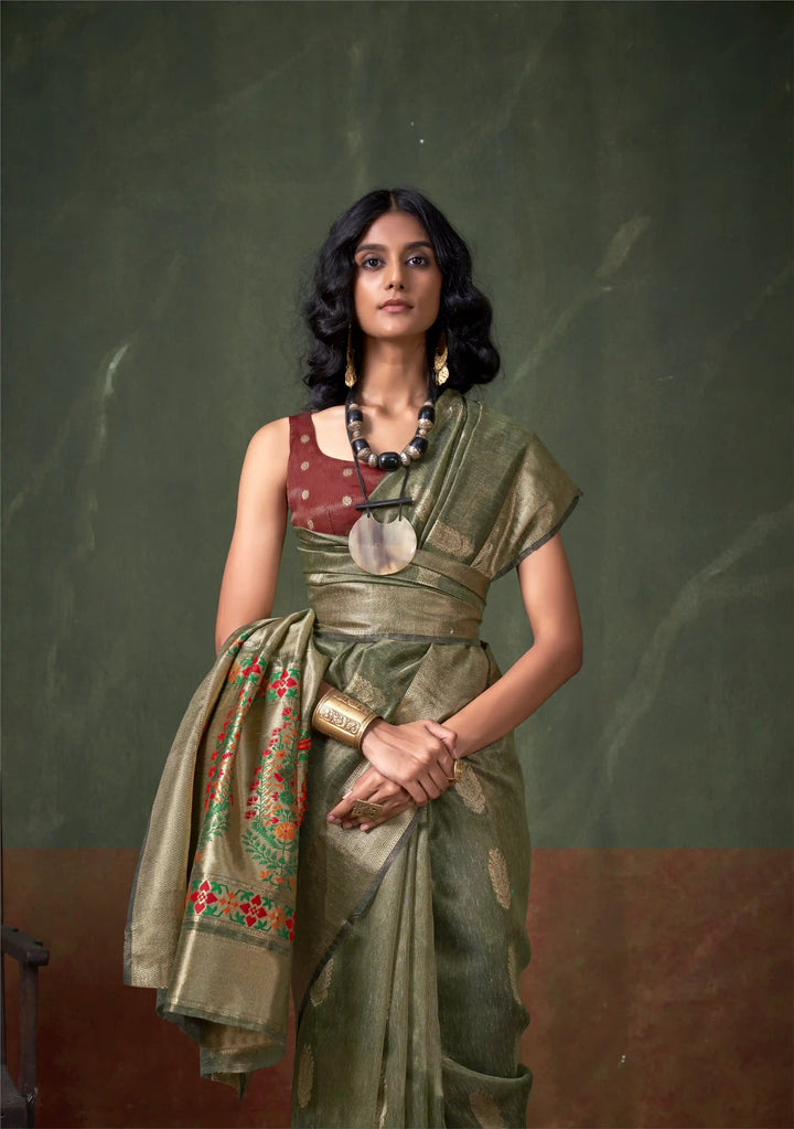 Shop Dusty Green Paithani Silk Saree with Zari – SilverBin
