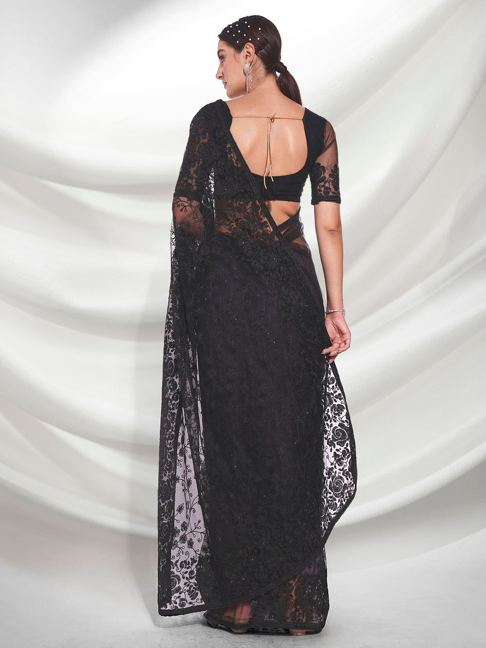 Shop Elegant Black Soft Net Saree with Thread Embroidery & Diamond Work