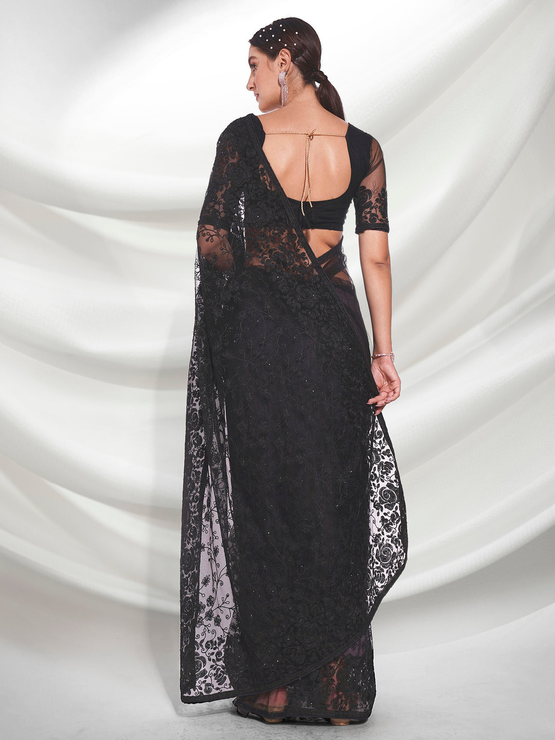 Shop Elegant Black Soft Net Saree with Thread Embroidery & Diamond Work