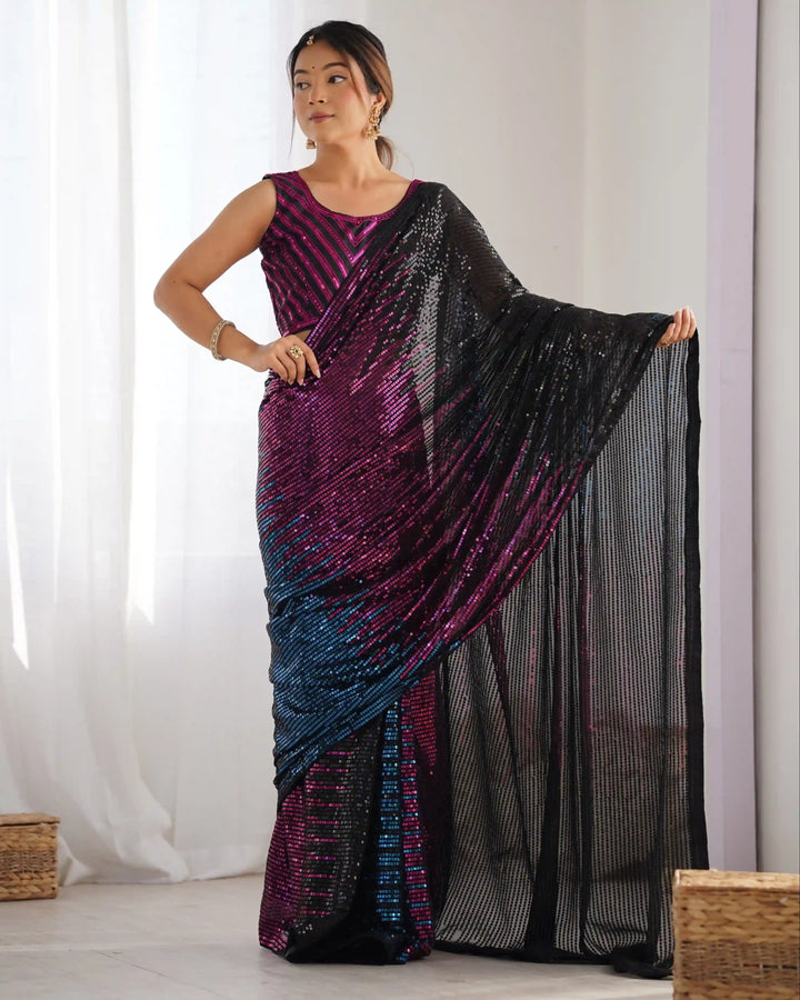 Buy Elegant Multicolor Georgette Saree with Designer Sequins Embroidery