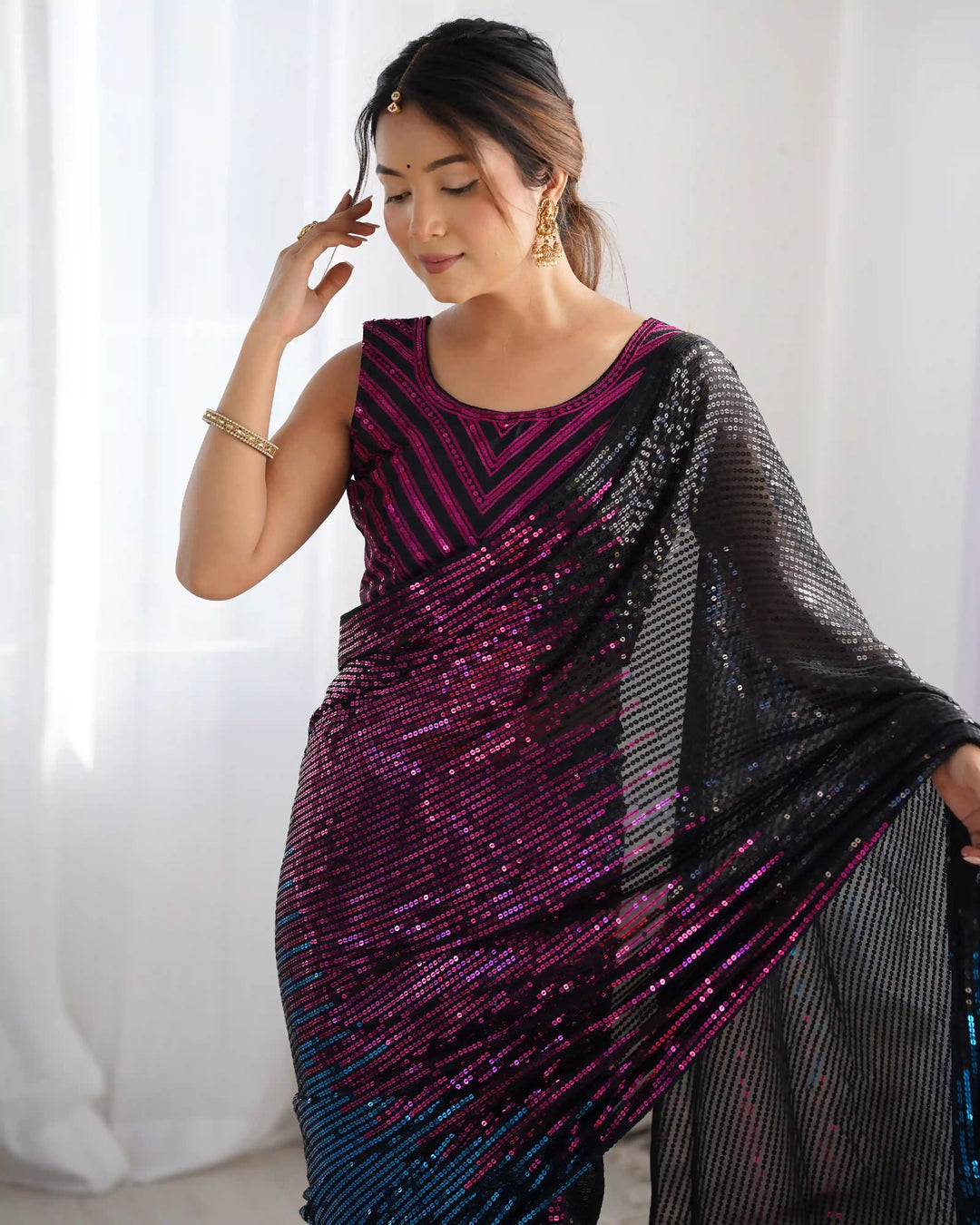 Buy Elegant Multicolor Georgette Saree with Designer Sequins Embroidery