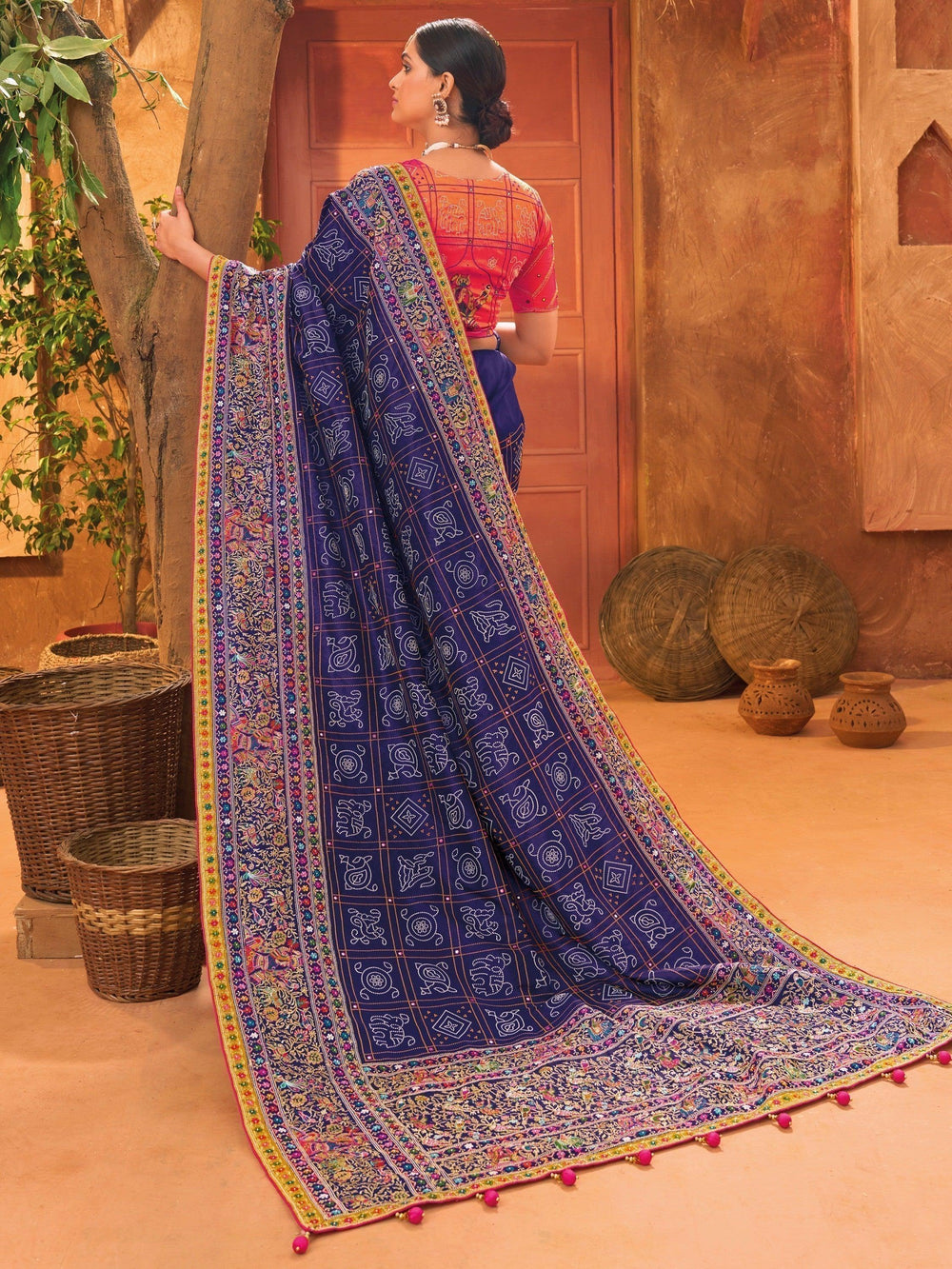 Shop Fancified Blue Mirror Work Saree Online
