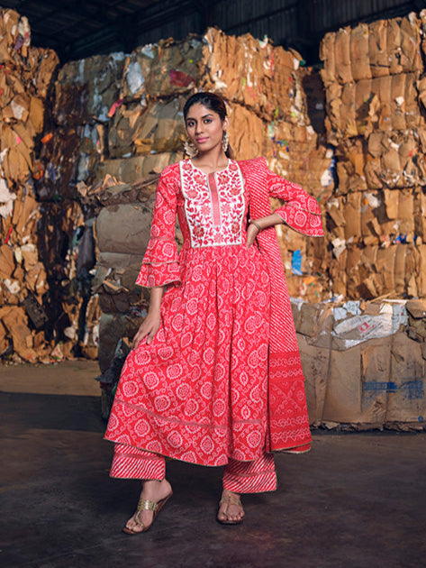 Shop Graceful Red Cotton Suit with Dupatta for Daily Elegance