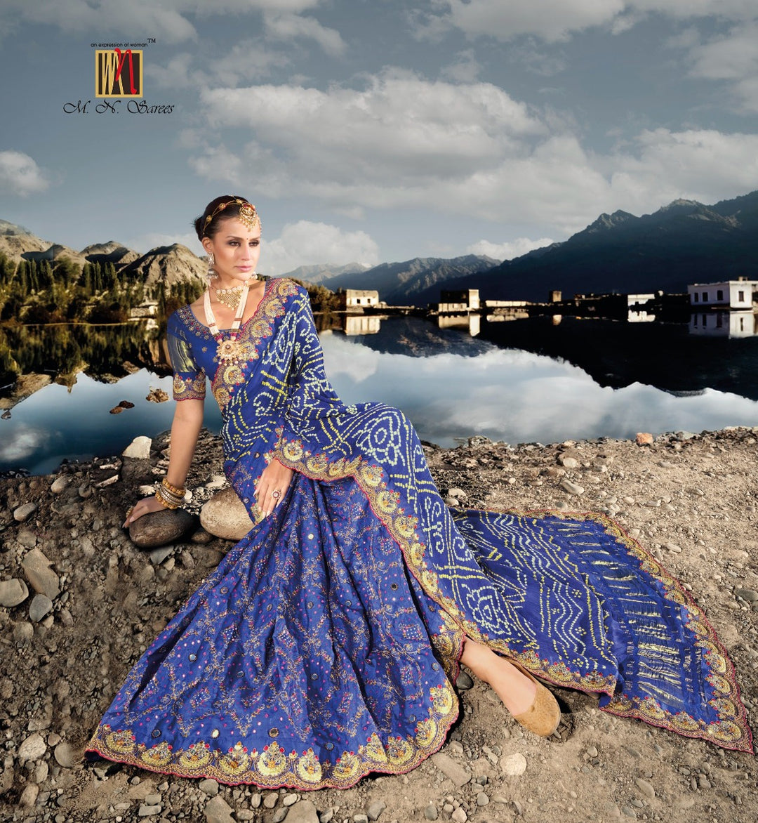 Shop Handcrafted Gajji Silk Saree with Mirrorwork in Blue


