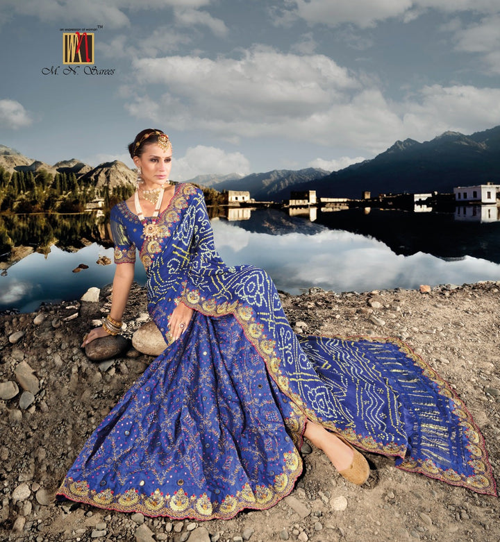 Shop Handcrafted Gajji Silk Saree with Mirrorwork in Blue

