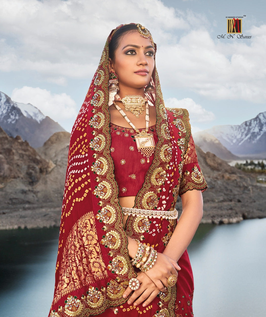 Shop Handcrafted Gajji Silk Saree with Mirrorwork in Red 