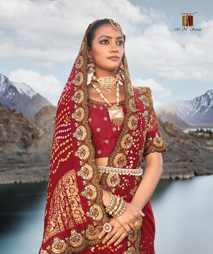 Shop Handcrafted Gajji Silk Saree with Mirrorwork in Red 