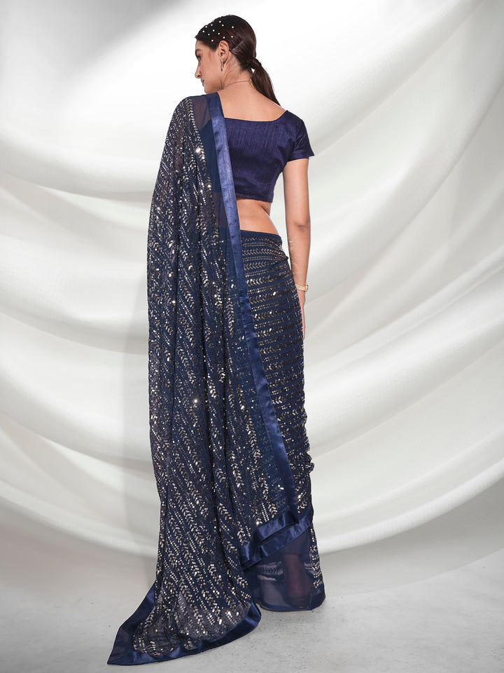 Shop Heavy Designer Blue Georgette Saree with Embroidery
