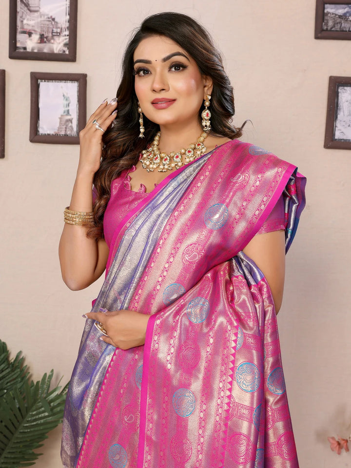 Shop Lavender Banarasi Tissue Silk Saree with Paithani Design
