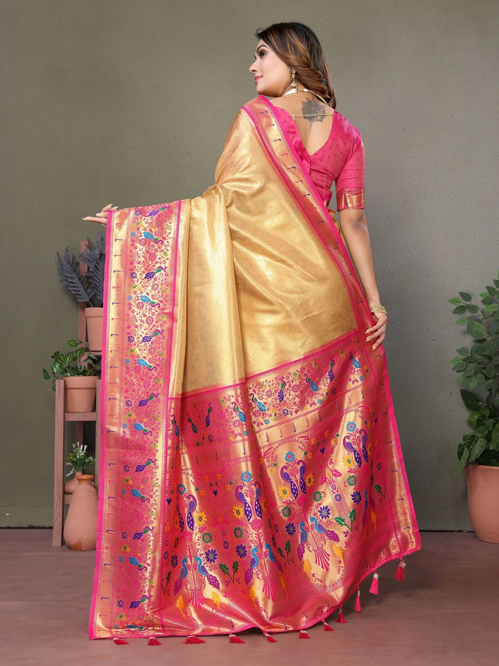 Shop Light Yellow Luxurious Banarasi Tissue Silk Saree with Paithani Designer Work Blouse
