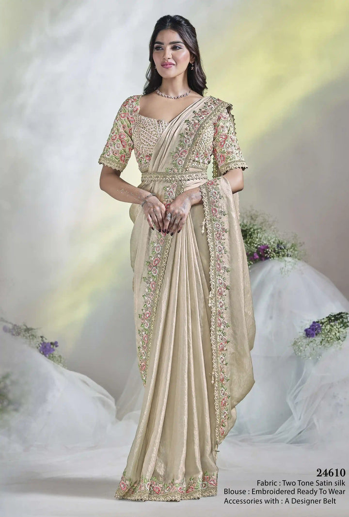 Buy Luxurious Cream Satin Silk Saree with Moti & Sequins Details